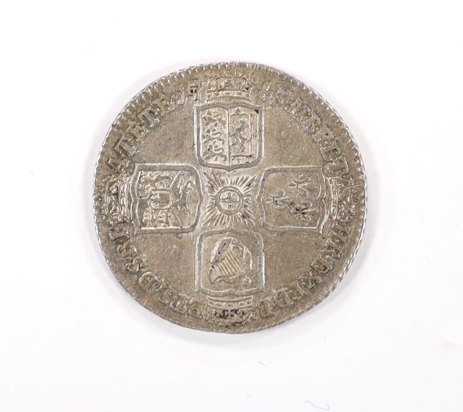 British silver coins, George II Shilling, 1745 lima (S3703), tiny dent to edge at 12 o’clock otherwise EF